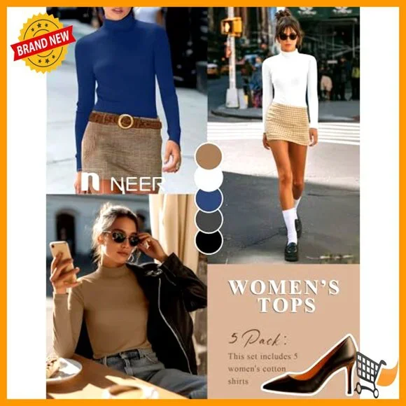 Women's Turtleneck Thermal Tops 5-Pack Cotton Blend Base Layer Long Sleeve - Picture 5 of 7